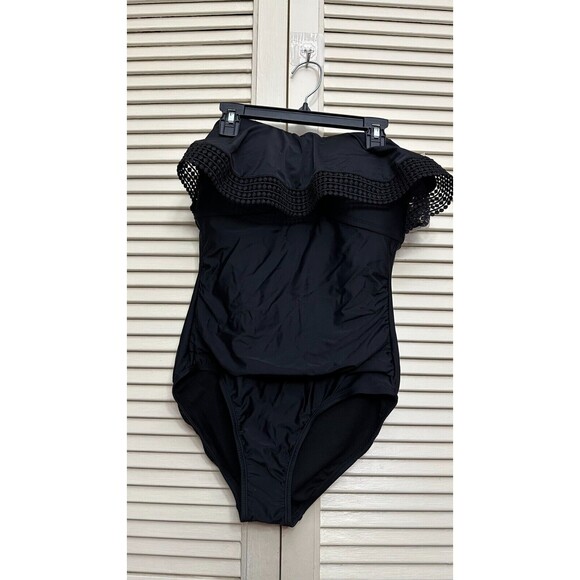 Kona Sol Crochet Flounce Bandeau One Piece Swimsuit Black Detachable Strap SZ M - Picture 1 of 5